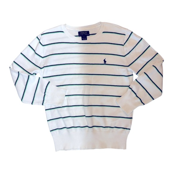 Polo Ralph Lauren Kids White & Green Striped Sweater Size 7 Cotton Crew Neck - Picture 1 of 12